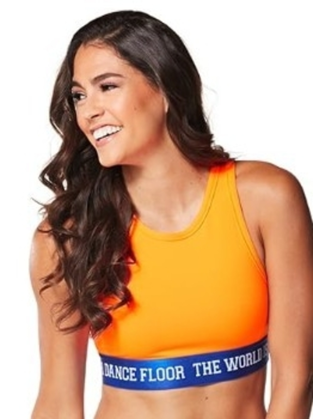 Zumba Fitness Neon Orange Scoop Neck Sports Bra with Blue Band